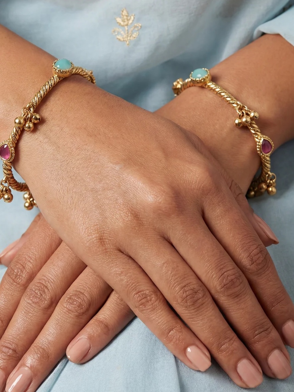 Gold Twist Bangle Bracelet with Pink and Turquoise Stones